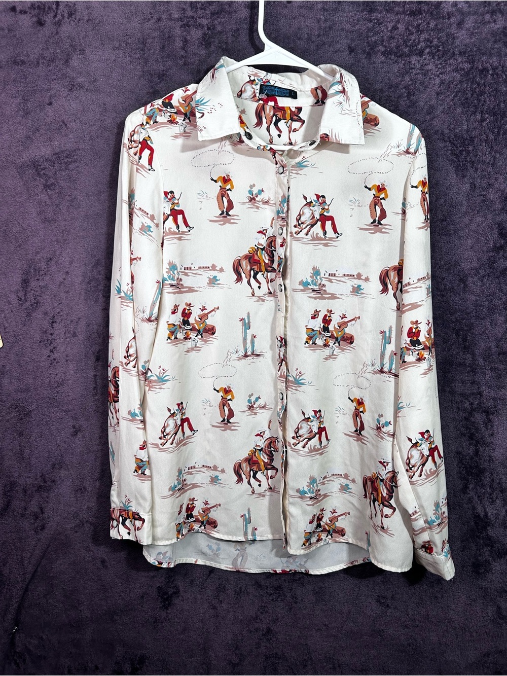 Express White Western Print Button-Down Shirt with Multicolor Motifs